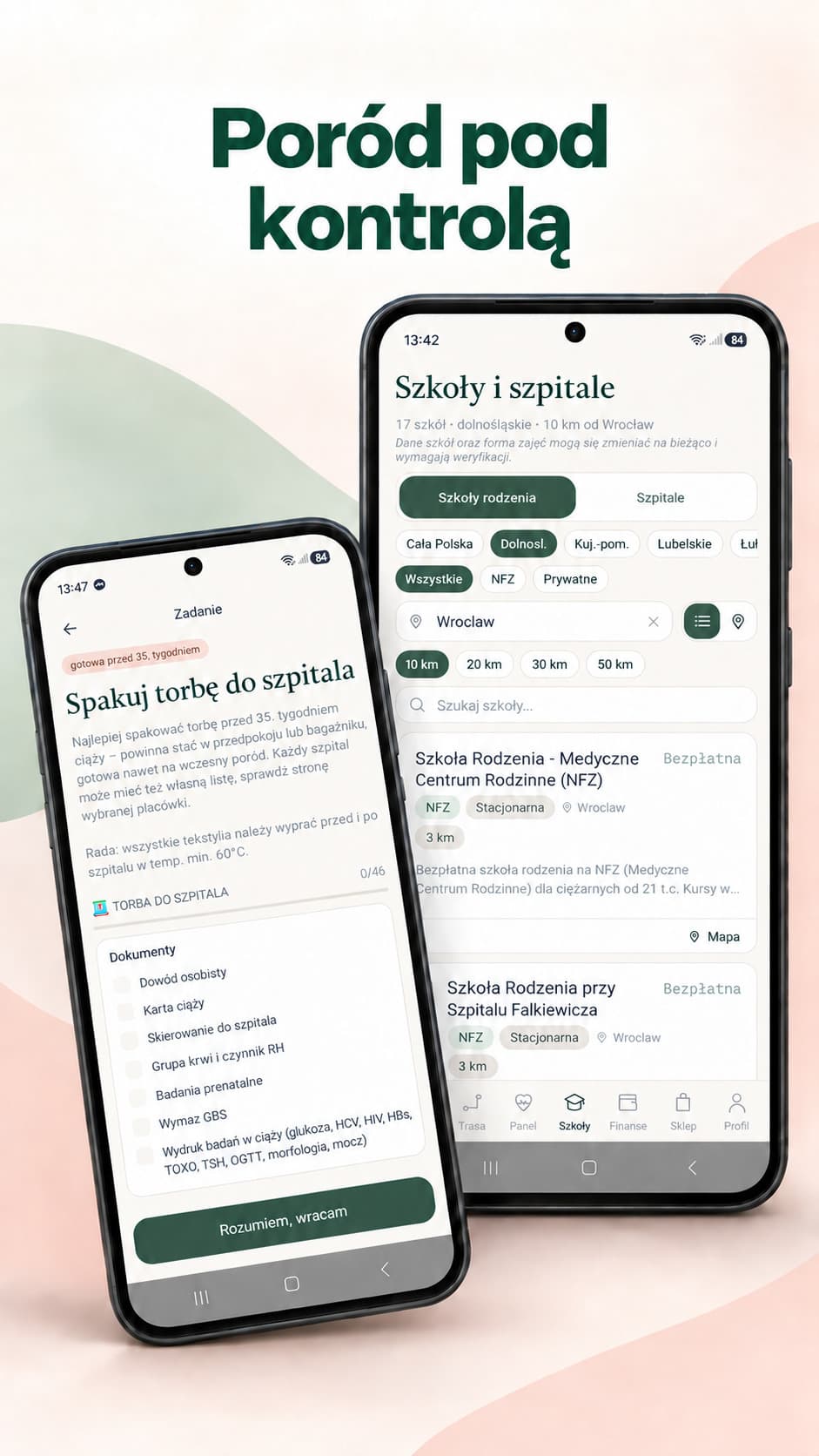 Ekran aplikacji Kidelo Ciąża z checklistą torby do szpitala i listą szkół rodzenia w okolicy