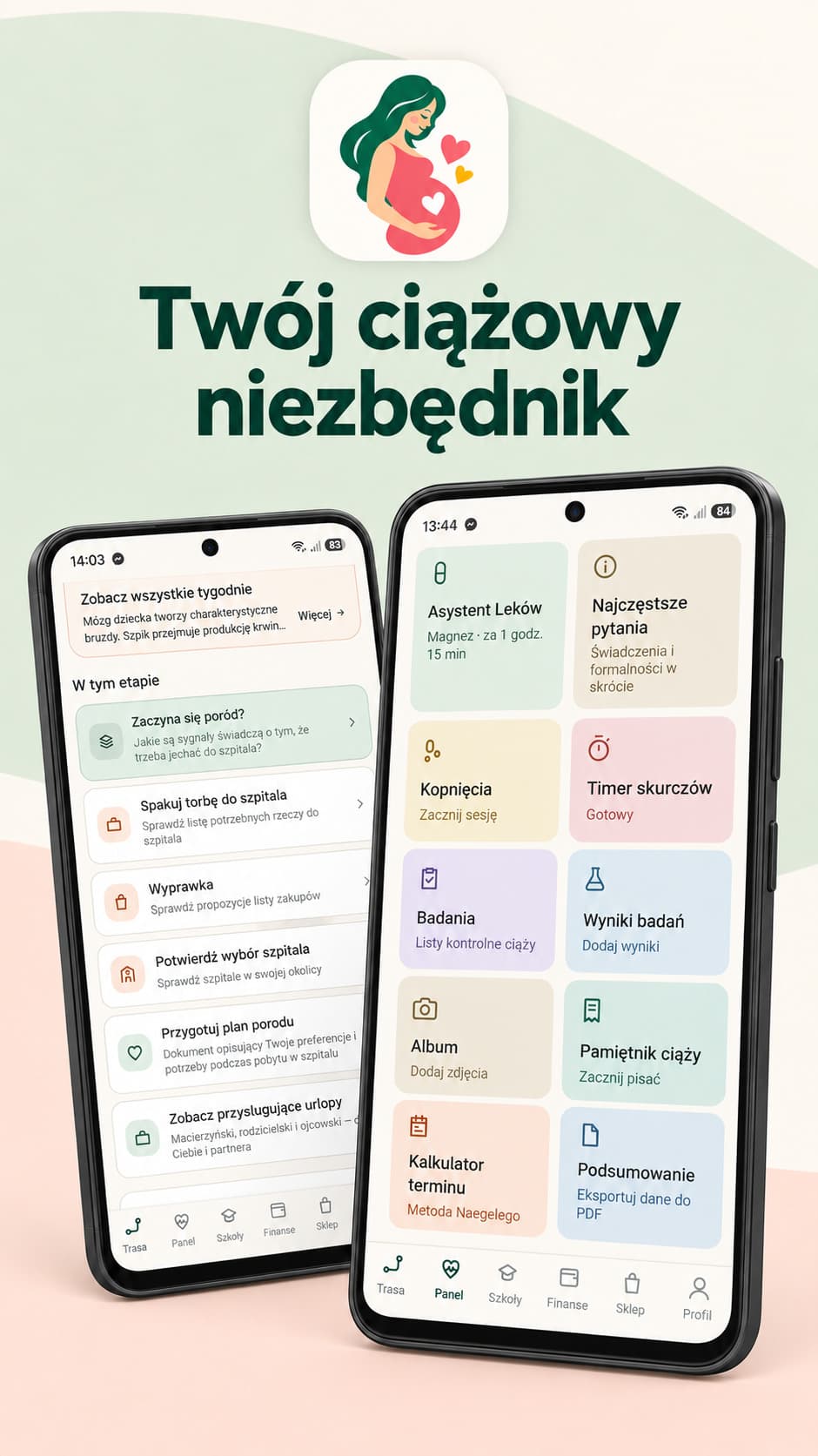 Grafika Kidelo Ciąża „Twój ciążowy niezbędnik” — panel główny i oś zadań w aplikacji