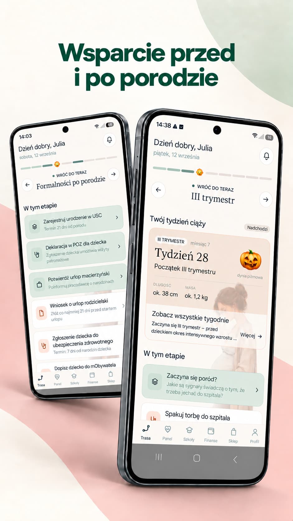 Grafika Kidelo Ciąża „Wsparcie przed i po porodzie” — tydzień ciąży i formalności po porodzie w aplikacji