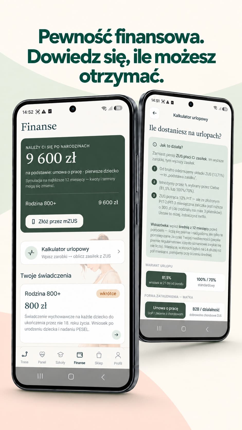Ekran aplikacji Kidelo Ciąża z kalkulatorem świadczeń i kalkulatorem urlopowym ZUS