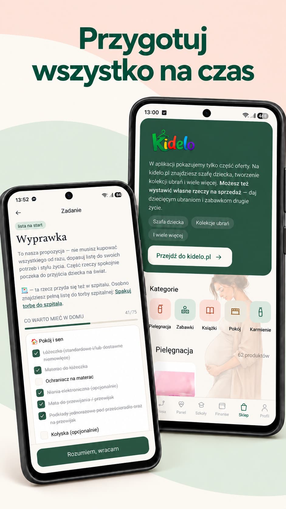 Ekran aplikacji Kidelo Ciąża z checklistą wyprawki oraz sklepem kidelo.pl